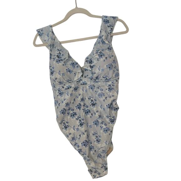 NWT A Pea in the Pod Ruffled Maternity Floral Swimsuit Light Blue Size M - Picture 1 of 7